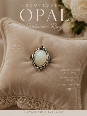Boutique Opal Ring Iridescent White Opal Silver Tone